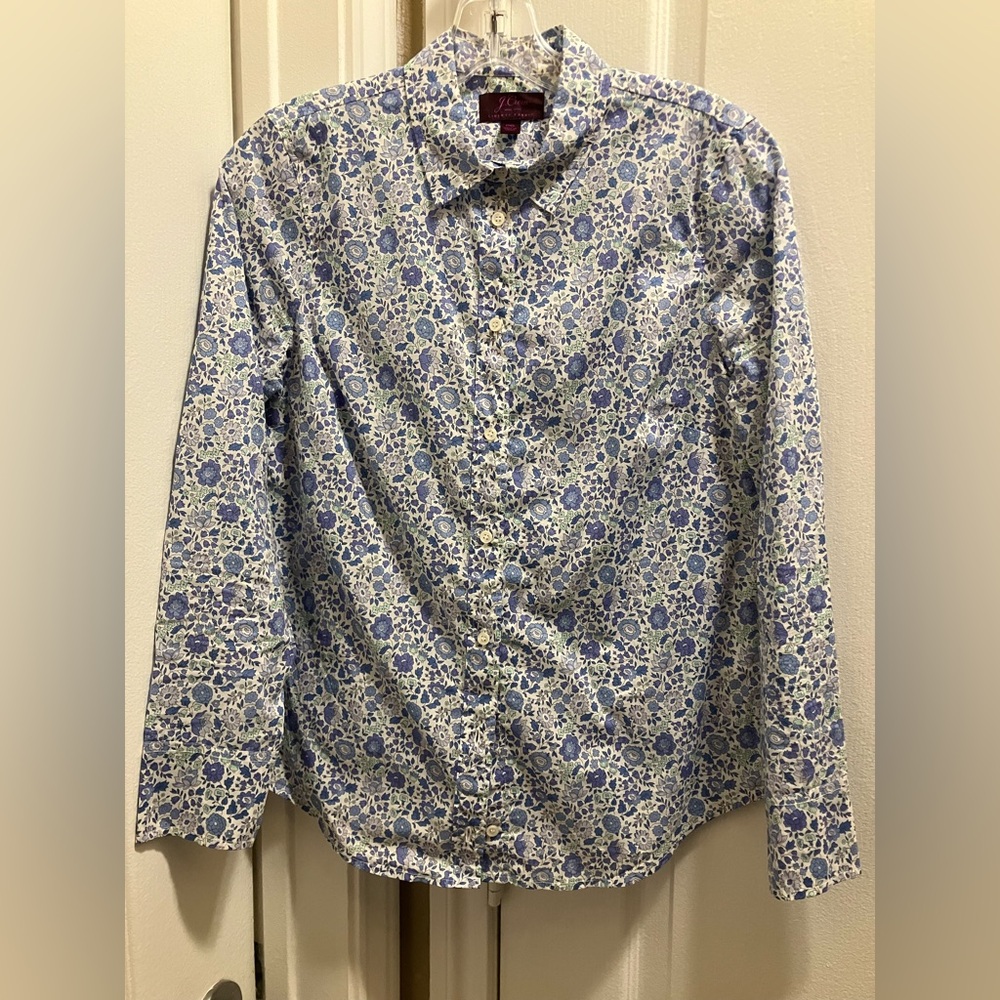 J. Crew Liberty Fabric Blue and White Floral Women’s Button Down Shirt